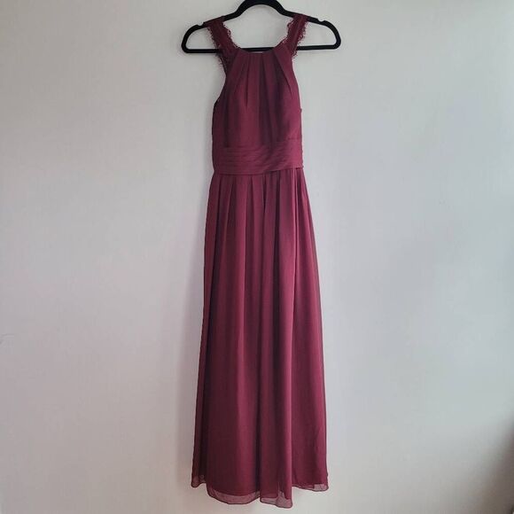 Azazie cabernet high neck maxi dress chiffon formal lace open back - Picture 1 of 15